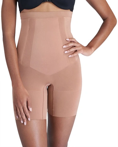 Shop Spanx Oncore High-waisted Mid-thigh Shorts In Dark Beige