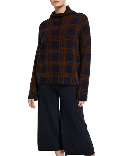 Shop Vince Tartan Plaid Funnel-neck Long-sleeve Wool/cashmere Top In Marineumbra