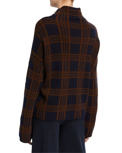Shop Vince Tartan Plaid Funnel-neck Long-sleeve Wool/cashmere Top In Marineumbra