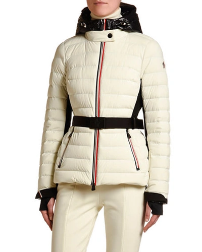 Shop Moncler Channel-quilt Tricolor-zip Jacket W/ Belt In Ivory