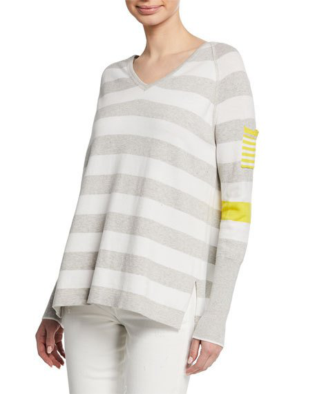 Lisa Todd Beach Stripe V-Neck Raglan-Sleeve Sweater In Gray | ModeSens