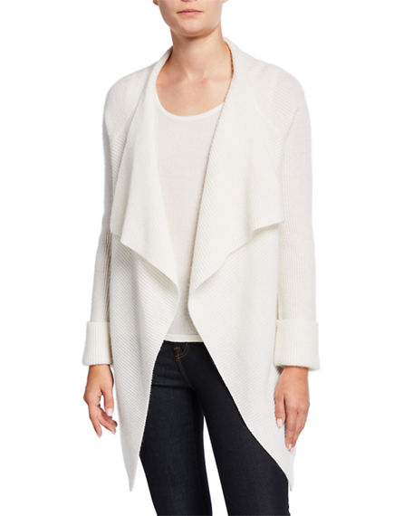 Neiman Marcus Cashmere Ribbed Drape Front Cardigan In Winter White