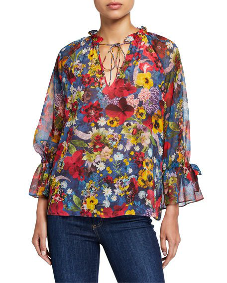 Alice And Olivia Alice + Olivia Julius Bell-sleeve Floral Tunic Top In ...