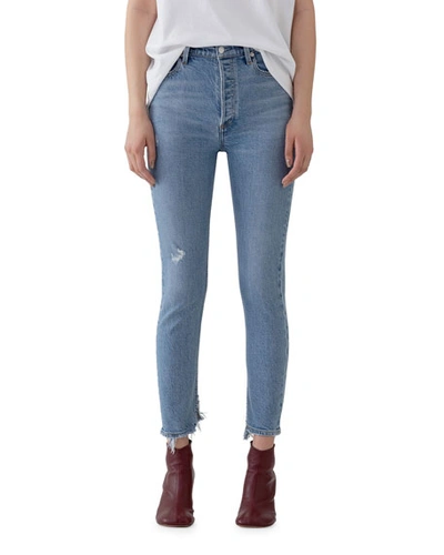 Shop Agolde Nico High-rise Slim Jeans With Shredded Hem In Headlines