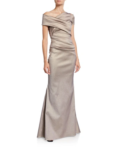 Shop Talbot Runhof Asymmetric Draped Waist Gown In Beige