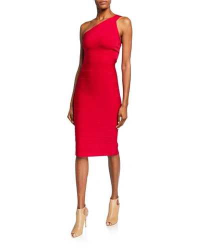 Shop Herve Leger Icon Asymmetric One-shoulder Dress In Magenta