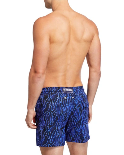 Shop Vilebrequin Men's Moorise Graphic Neon-print Swim Trunks In Bleu Marine