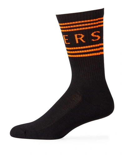 Shop Versace Men's Athletic Band Socks In Black/orange