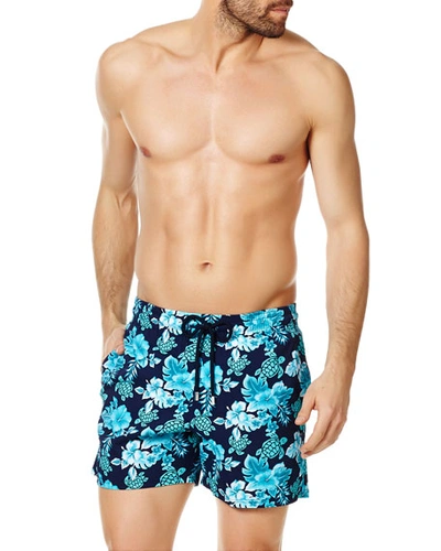 Shop Vilebrequin Men's Moorise Turtle-and-flower Print Swim Trunks In Bleu Marine