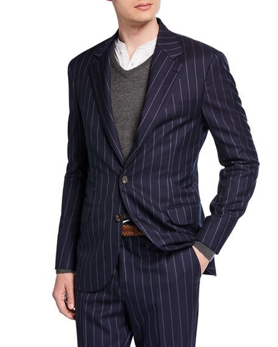 Shop Brunello Cucinelli Men's Wide Pinstriped Two-piece Suit In Navy