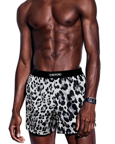 Shop Tom Ford Men's Logo-band Leopard Silk Boxers In White
