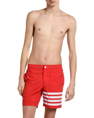 Shop Thom Browne Men's Four-stripe Swim Trunks In Red