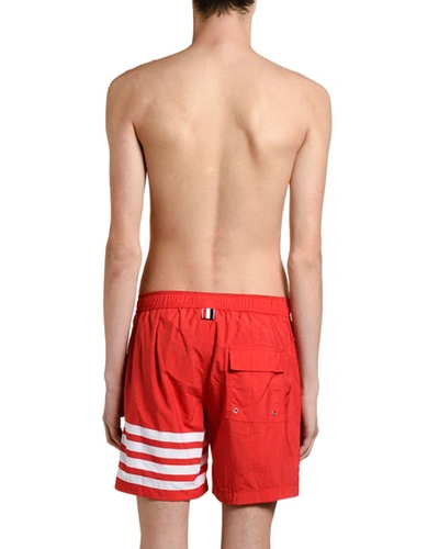 Shop Thom Browne Men's Four-stripe Swim Trunks In Red