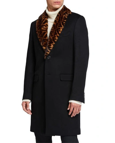 Shop Fendi Men's Solid Overcoat W/ Ff-print Fur Collar In Black