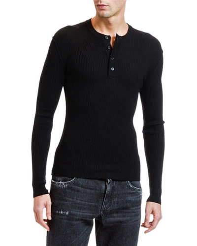 Shop Dolce & Gabbana Men's Lightweight Rib-knit Wool Henley Shirt In Black
