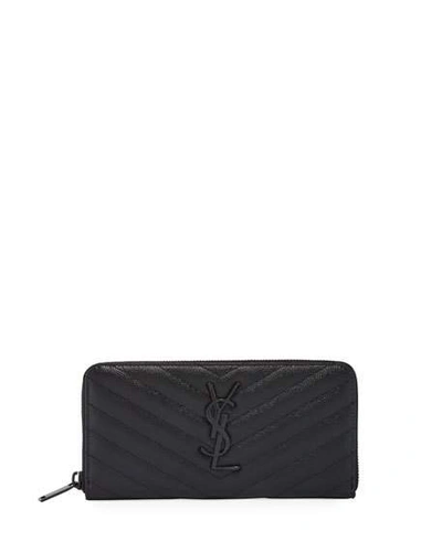 Saint Laurent Ysl Monogram Large Zip Wallet In Grained Leather In Black