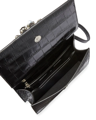 Shop Alexander Mcqueen Shiny Croc-embossed Jeweled Shoulder Bag, Black