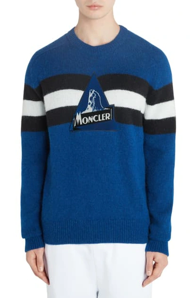 Shop Moncler Stripe Logo Sweater In Pastel Blue