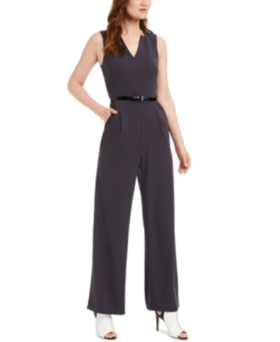 Shop Calvin Klein Belted V-neck Jumpsuit In Charcoal