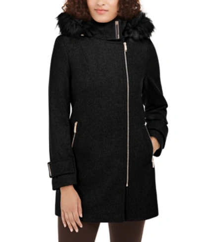 Shop Calvin Klein Faux-fur-trim Hooded Asymmetrical Coat In Black