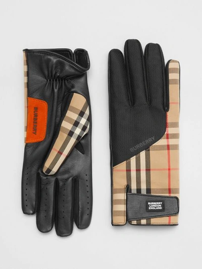 Shop Burberry Logo Appliqué Vintage Check And Lambskin Gloves In Archive Beige