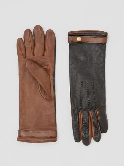 Shop Burberry Silk-lined Two-tone Lambskin Gloves In Black/brown