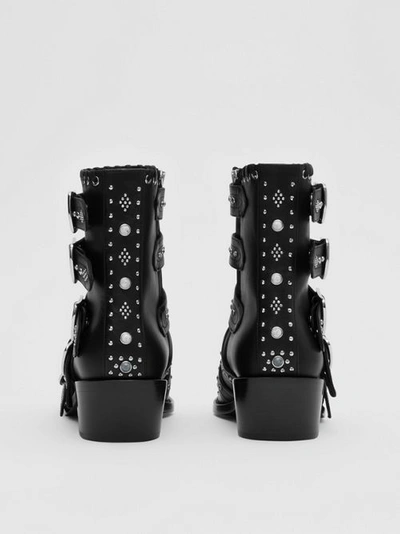 Shop Burberry Buckled Embellished Leather Peep-toe Ankle Boots In Black