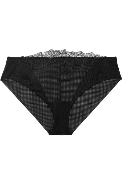 Shop La Perla Anastasia Appliquéd Lace-trimmed Tulle And Ribbed Stretch-jersey Briefs In Black