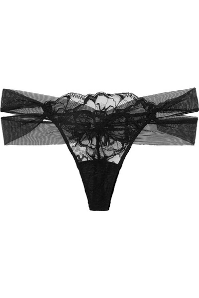 Alida Tulle-trimmed Stretch-leavers Lace Thong In Black