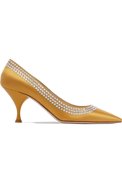 Shop Miu Miu Crystal-embellished Satin Pumps In Mustard