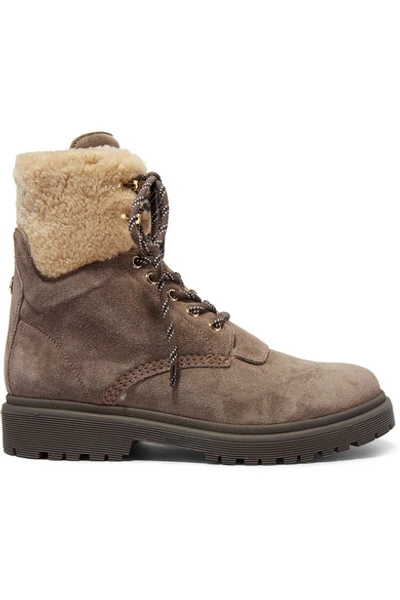 Shop Moncler Patty Shearling-trimmed Suede Ankle Boots In Sand