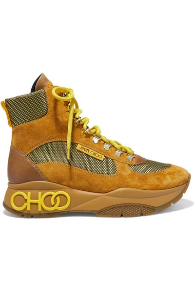 Shop Jimmy Choo Inca/f Logo-detailed Suede, Mesh And Leather Ankle Boots In Tan