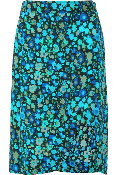 Shop Ganni Floral-print Crepe Midi Skirt In Blue
