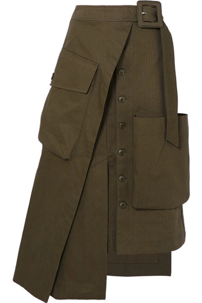 Shop Jacquemus Thika Asymmetric Cotton-gabardine Midi Skirt In Army Green
