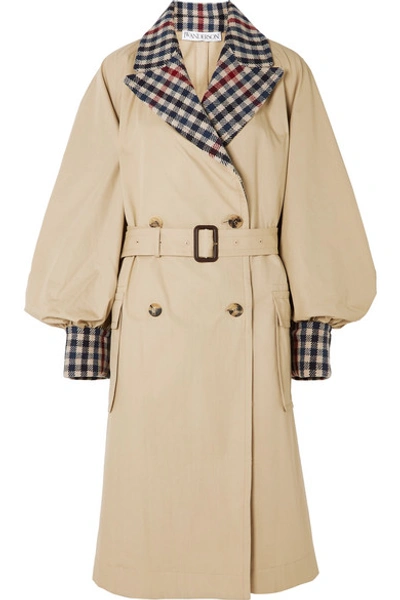 Shop Jw Anderson Belted Checked Wool-blend And Cotton-gabardine Trench Coat In Beige