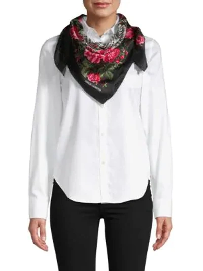 Shop Vince Camuto English Rose-printed Square Silk Scarf In Black