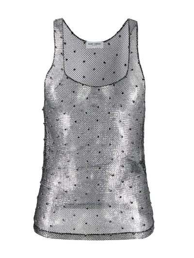 Shop Saint Laurent Chain Link Embellished Sleeveless Top In Silver