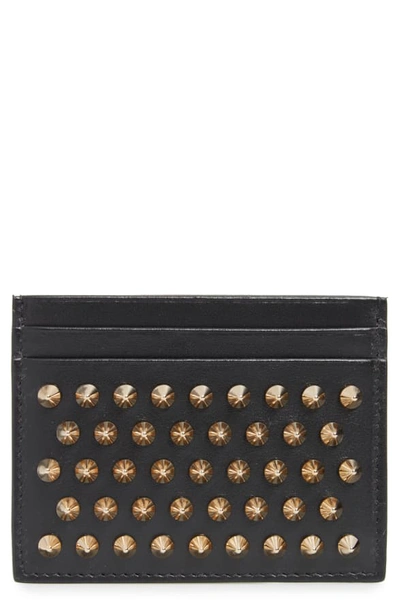 Shop Christian Louboutin Kios Spiked Calfskin Leather Card Case In Black/ Gold