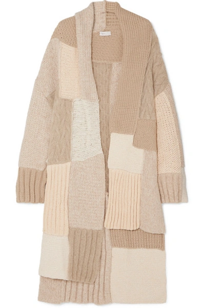 Shop Rosetta Getty Tie-detailed Patchwork Knitted Cardigan In Beige