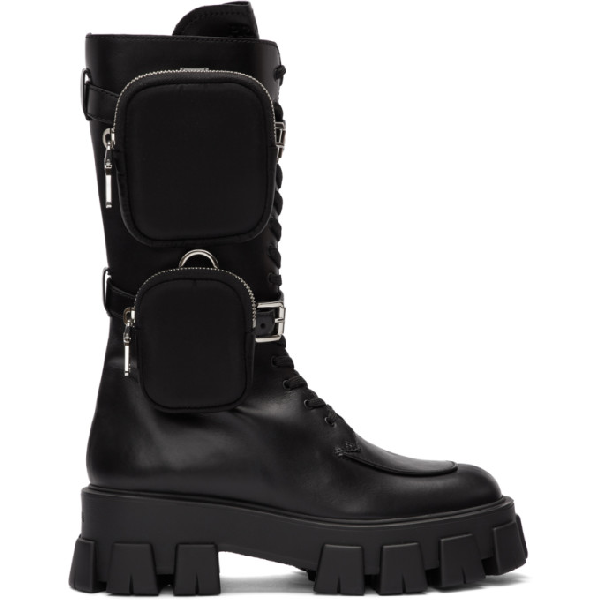 Prada Monolith Nylon Pocket-detailed Leather Combat Boots In Black ...