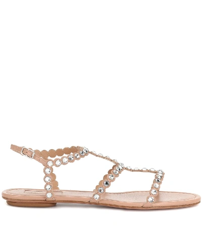 Shop Aquazzura Tequila Embellished Leather Sandals In Beige