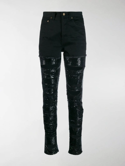 Shop Saint Laurent Sequin-embellished Ripped Skinny Jeans In Black