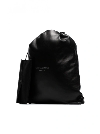 Shop Saint Laurent Logo Print Drawstring Leather Backpack