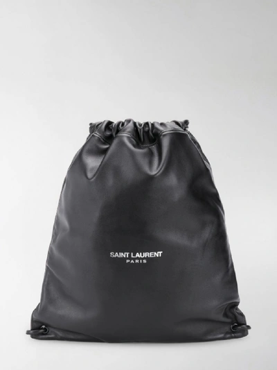 Shop Saint Laurent Logo Print Drawstring Leather Backpack