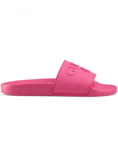 Shop Gucci Logo Rubber Slide Sandal In Violet