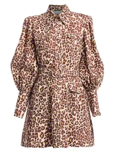 Shop Zimmermann Espionage Leopard Linen Puff-sleeve Shirtdress In Cameo Leopard