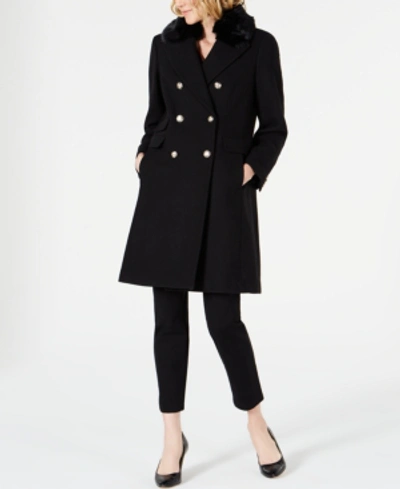 Shop Vince Camuto Double-breasted Coat With Faux-fur-collar In Black