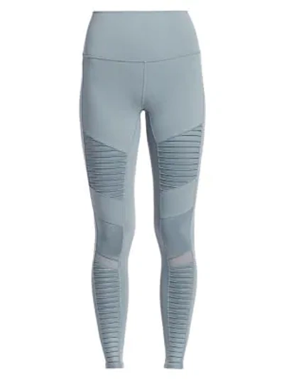 Shop Alo Yoga High-waist Ribbed Moto Leggings In Blue Haze