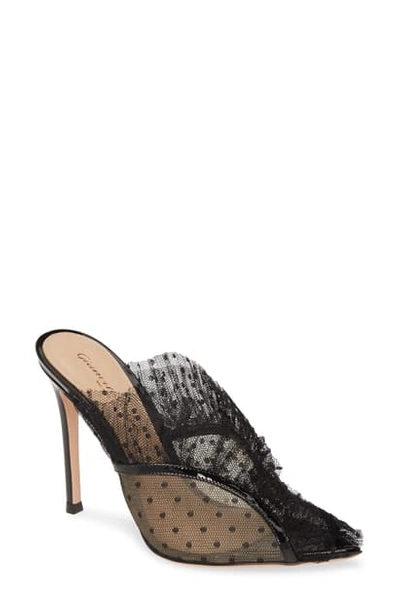 Shop Gianvito Rossi Lace Ruffle Slip-on Stiletto Sandal In Black