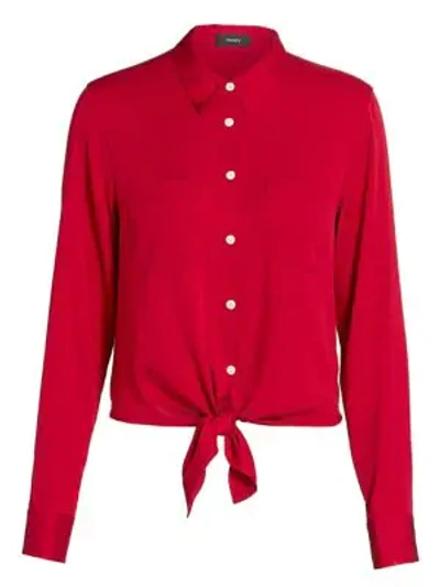 Shop Theory Stretch-silk Tie-front Shirt In Crimson